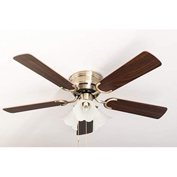 Pepeo - Kisa 천장형 선풍기(조명 포함) | 로즈와 호두나무 소재의 양면 블레이드가 있는 황동 풀 스위치가 있는 팬, 직경 105cm. (색상: 브라스, 로즈우드/월넛)