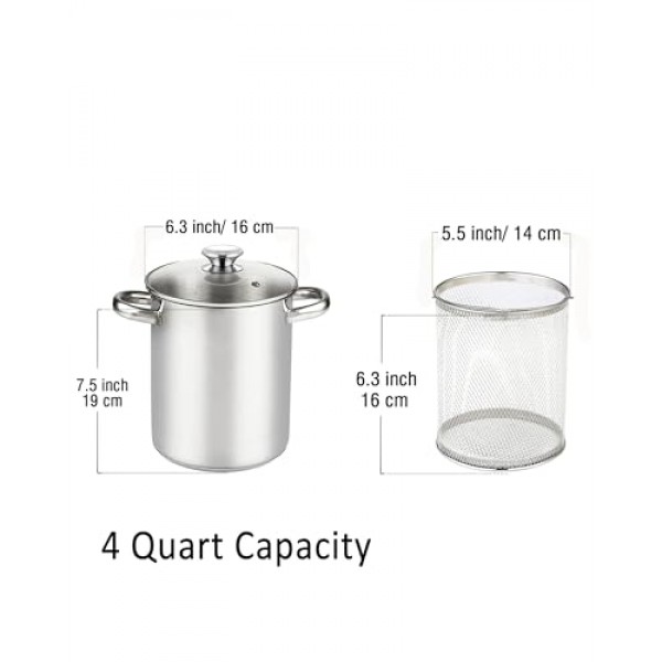 Cook N 홈 튀김 냄비, 일본식 튀김 소형 스테인레스 스틸 튀김 냄비, 304 스테인레스 스틸, 기름 배수 랙 포함, 유리 뚜껑, 6.3인치/4쿼트, 주방 감자 튀김, 닭고기용