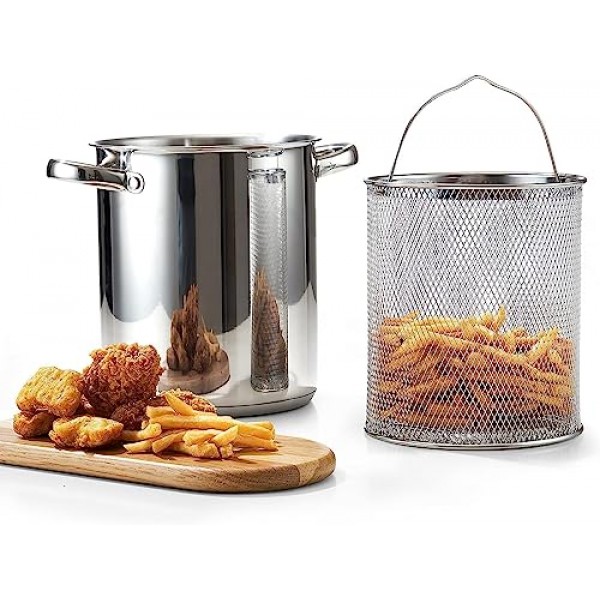 Cook N 홈 튀김 냄비, 일본식 튀김 소형 스테인레스 스틸 튀김 냄비, 304 스테인레스 스틸, 기름 배수 랙 포함, 유리 뚜껑, 6.3인치/4쿼트, 주방 감자 튀김, 닭고기용