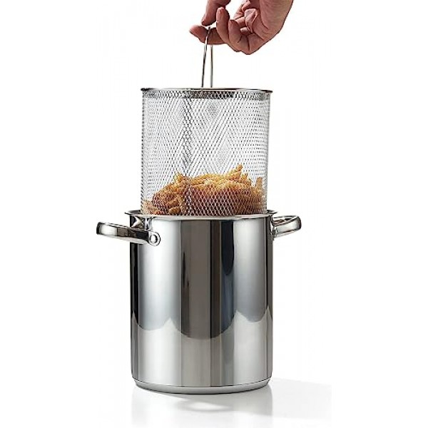 Cook N 홈 튀김 냄비, 일본식 튀김 소형 스테인레스 스틸 튀김 냄비, 304 스테인레스 스틸, 기름 배수 랙 포함, 유리 뚜껑, 6.3인치/4쿼트, 주방 감자 튀김, 닭고기용