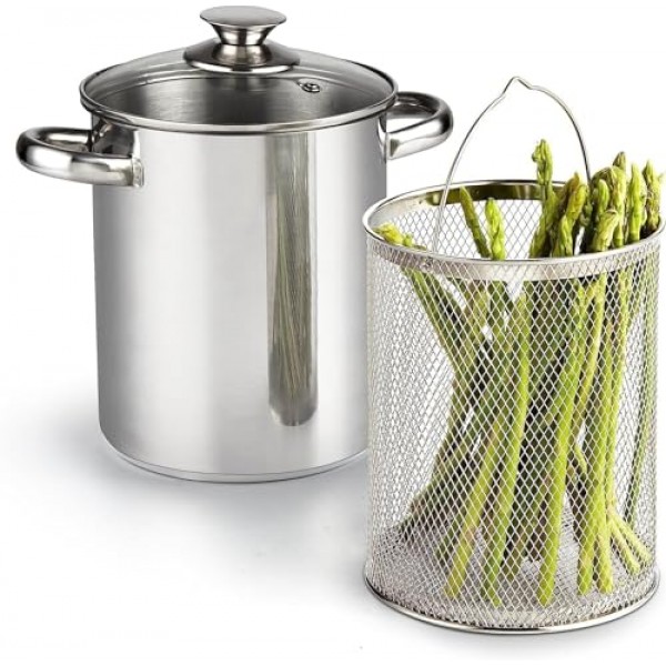 Cook N 홈 튀김 냄비, 일본식 튀김 소형 스테인레스 스틸 튀김 냄비, 304 스테인레스 스틸, 기름 배수 랙 포함, 유리 뚜껑, 6.3인치/4쿼트, 주방 감자 튀김, 닭고기용