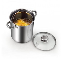 Cook N 홈 튀김 냄비, 일본식 튀김 소형 스테인레스 스틸 튀김 냄비, 304 스테인레스 스틸, 기름 배수 랙 포함, 유리 뚜껑, 6.3인치/4쿼트, 주방 감자 튀김, 닭고기용