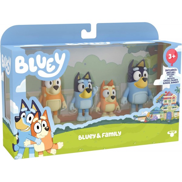 Giochi Preziosi Bluey 패밀리 팩, 피규어 4개, Bingo, Bluey, Mama Chilli 및 Papa Bandit, TV에서 본 대로, 3세 이상 어린이용, BLY01100, 멀티 컬러