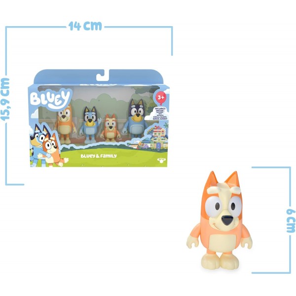 Giochi Preziosi Bluey 패밀리 팩, 피규어 4개, Bingo, Bluey, Mama Chilli 및 Papa Bandit, TV에서 본 대로, 3세 이상 어린이용, BLY01100, 멀티 컬러