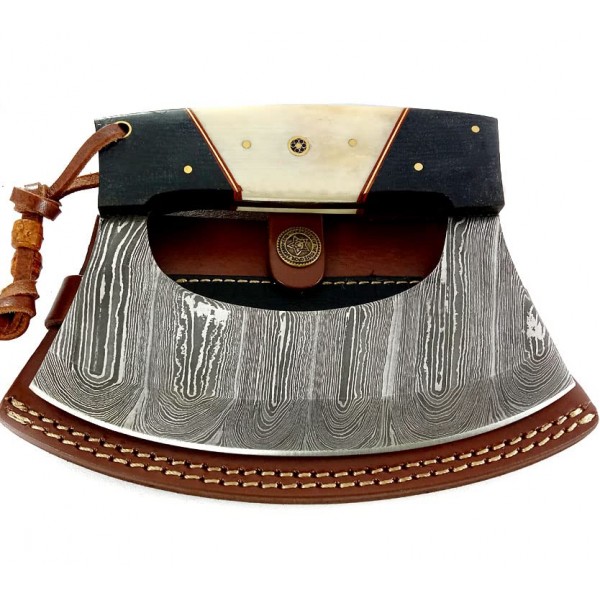 Damascus Steel alaskan Ulu Knife - 가죽 칼집으로 절단 본딩 슬라이싱 절단용 고정 블레이드 나이프. SM149
