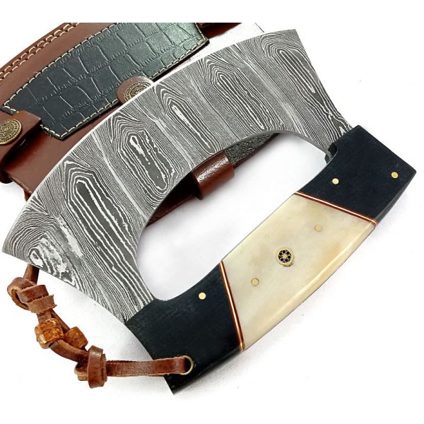 Damascus Steel alaskan Ulu Knife - 가죽 칼집으로 절단 본딩 슬라이싱 절단용 고정 블레이드 나이프. SM149
