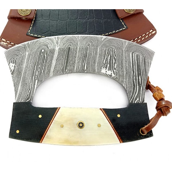 Damascus Steel alaskan Ulu Knife - 가죽 칼집으로 절단 본딩 슬라이싱 절단용 고정 블레이드 나이프. SM149