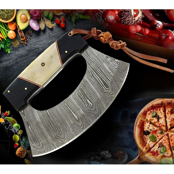 Damascus Steel alaskan Ulu Knife - 가죽 칼집으로 절단 본딩 슬라이싱 절단용 고정 블레이드 나이프. SM149