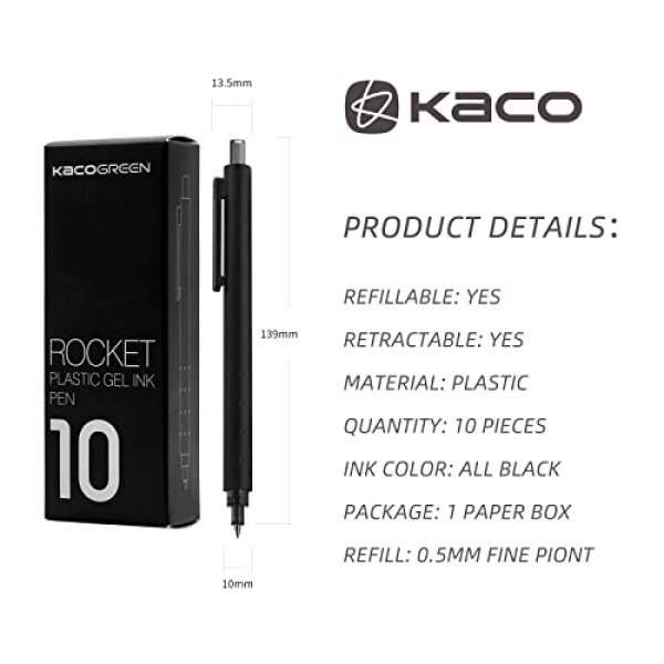 Kaco 접이식 리필형 젤 잉크 펜 0.5mm 파인 포인트(ROCKET, 10개 - 검정 잉크)