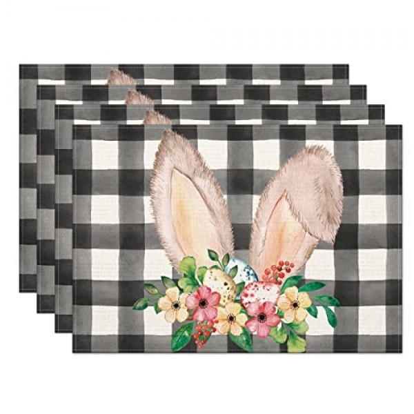 부활절 플레이스매트 4개 세트, 꽃 계란이 있는 버팔로 격자 무늬 토끼 ​​귀 내열성 장소 매트, 농가 주방 다이닝 휴일 파티를 위한 계절 테이블 장식 12x18인치