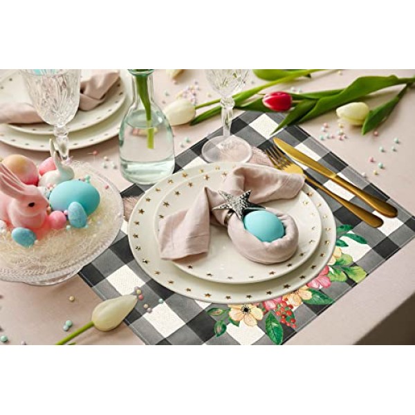 부활절 플레이스매트 4개 세트, 꽃 계란이 있는 버팔로 격자 무늬 토끼 ​​귀 내열성 장소 매트, 농가 주방 다이닝 휴일 파티를 위한 계절 테이블 장식 12x18인치