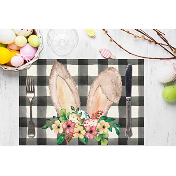 부활절 플레이스매트 4개 세트, 꽃 계란이 있는 버팔로 격자 무늬 토끼 ​​귀 내열성 장소 매트, 농가 주방 다이닝 휴일 파티를 위한 계절 테이블 장식 12x18인치