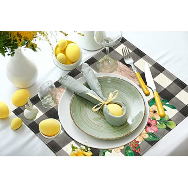 부활절 플레이스매트 4개 세트, 꽃 계란이 있는 버팔로 격자 무늬 토끼 ​​귀 내열성 장소 매트, 농가 주방 다이닝 휴일 파티를 위한 계절 테이블 장식 12x18인치