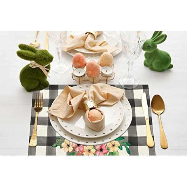 부활절 플레이스매트 4개 세트, 꽃 계란이 있는 버팔로 격자 무늬 토끼 ​​귀 내열성 장소 매트, 농가 주방 다이닝 휴일 파티를 위한 계절 테이블 장식 12x18인치