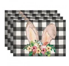부활절 플레이스매트 4개 세트, 꽃 계란이 있는 버팔로 격자 무늬 토끼 ​​귀 내열성 장소 매트, 농가 주방 다이닝 휴일 파티를 위한 계절 테이블 장식 12x18인치