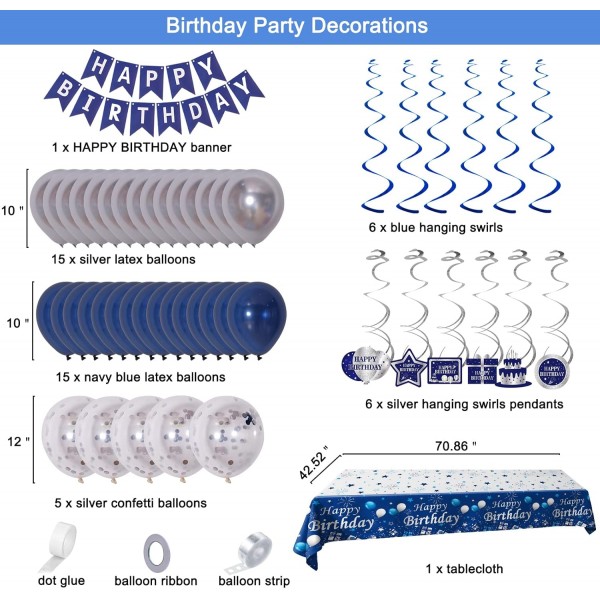 생일 장식 남자 여자 네이비 블루와 실버, 생일 축하 화환 풍선 대형 식탁보 소년 소녀를위한 생일 축하 장식 18th 30th 40th 50th 60th 생일 장식 블루 실버