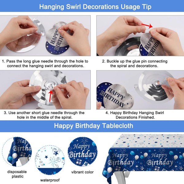 생일 장식 남자 여자 네이비 블루와 실버, 생일 축하 화환 풍선 대형 식탁보 소년 소녀를위한 생일 축하 장식 18th 30th 40th 50th 60th 생일 장식 블루 실버