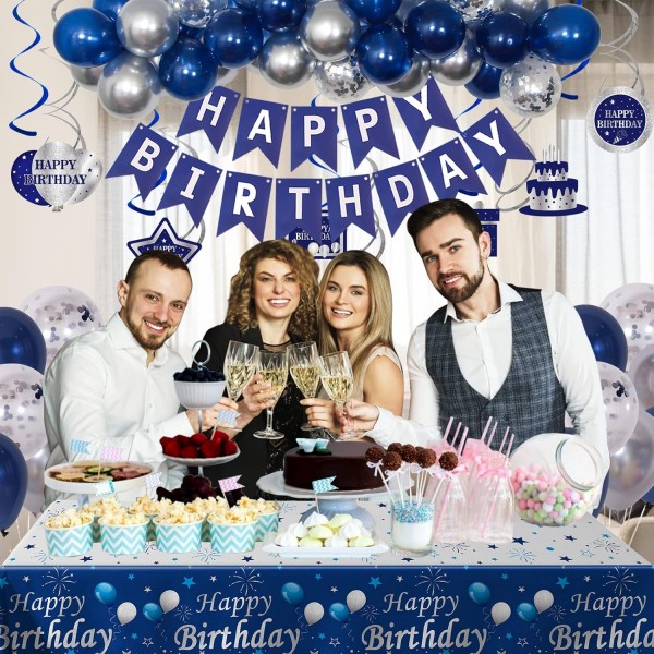 생일 장식 남자 여자 네이비 블루와 실버, 생일 축하 화환 풍선 대형 식탁보 소년 소녀를위한 생일 축하 장식 18th 30th 40th 50th 60th 생일 장식 블루 실버