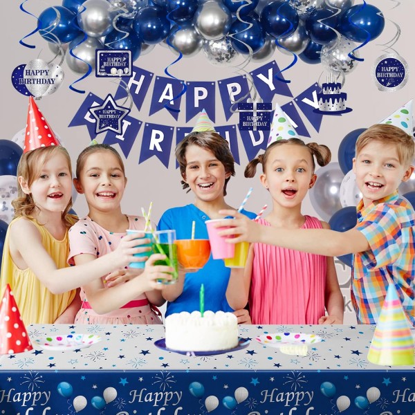 생일 장식 남자 여자 네이비 블루와 실버, 생일 축하 화환 풍선 대형 식탁보 소년 소녀를위한 생일 축하 장식 18th 30th 40th 50th 60th 생일 장식 블루 실버