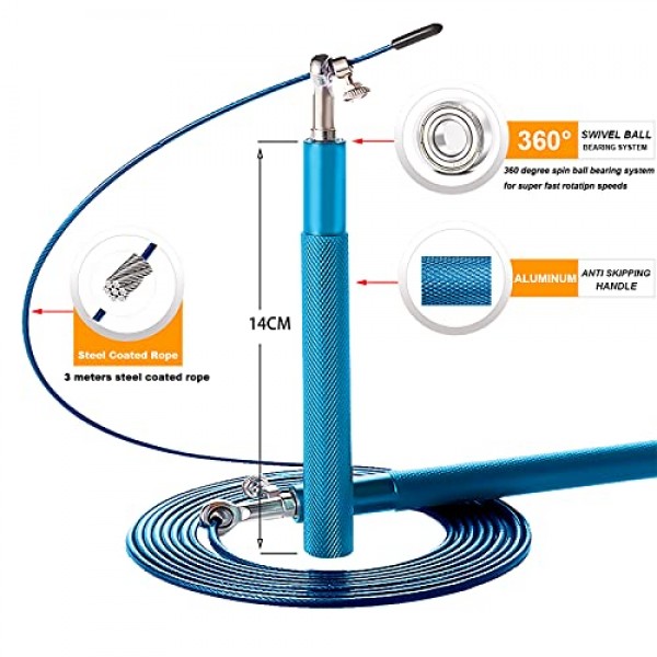 스피드 줄넘기 - 360° 회전 볼 베어링 - 조절 가능한 강철 코팅 로프 - 알루미늄 건너뛰기 방지 핸들 - 피트니스 훈련 복싱 스포츠 운동 - 어린이 및 성인에게 적합