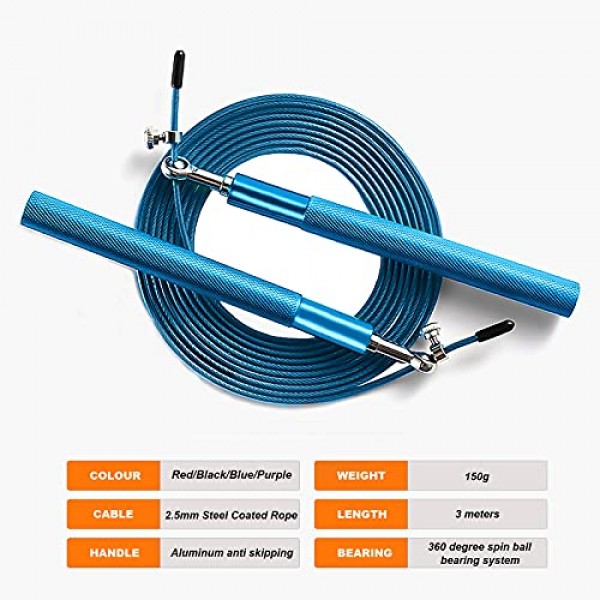 스피드 줄넘기 - 360° 회전 볼 베어링 - 조절 가능한 강철 코팅 로프 - 알루미늄 건너뛰기 방지 핸들 - 피트니스 훈련 복싱 스포츠 운동 - 어린이 및 성인에게 적합