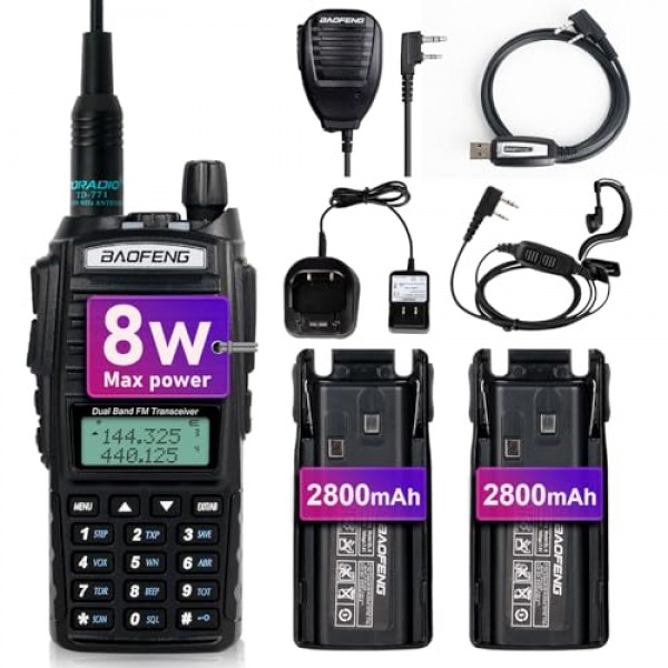 BaoFeng UV-82 고출력 BaoFeng 라디오 햄 라디오 핸드헬드 워키토키, 이어피스, 추가 2800mAh 배터리 핸드 스피커 마이크 및 프로그래밍 케이블 전체 키트(1팩-검은색)