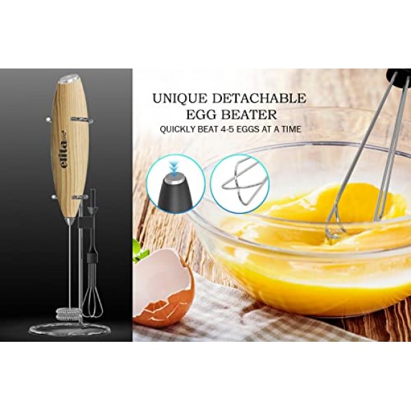ELITAPRO 초고속 19,000RPM, 우유 거품기 더블 거품기, 빠른 준비를 위한 독특한 분리형 계란 비터 및 스탠드(목재)