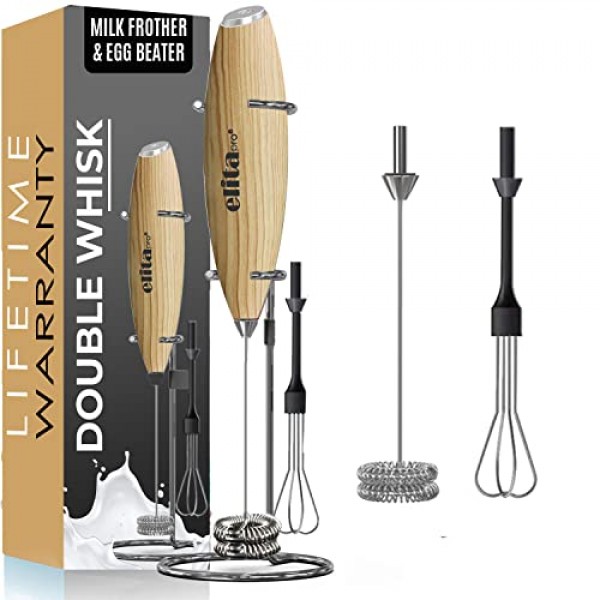 ELITAPRO 초고속 19,000RPM, 우유 거품기 더블 거품기, 빠른 준비를 위한 독특한 분리형 계란 비터 및 스탠드(목재)
