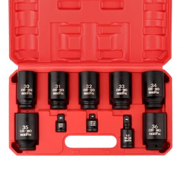 1/2 드라이브 딥 임팩트 소켓 세트, 10피스 스핀들 액슬 너트 소켓 세트 CR-MO 6포인트 30,31,32,33,34,35,36mm 미터법 소켓, 3/8 - 1/2 소켓 포함 어댑터 세트 유니버설 조인트 소