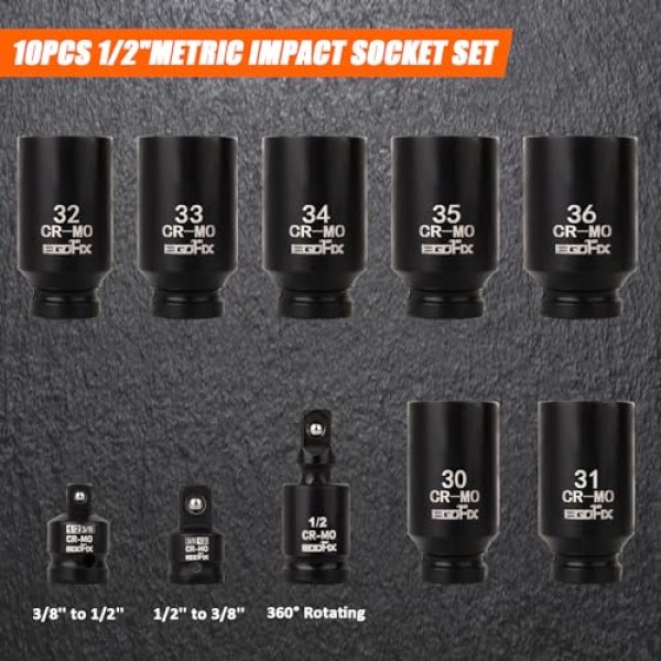 1/2 드라이브 딥 임팩트 소켓 세트, 10피스 스핀들 액슬 너트 소켓 세트 CR-MO 6포인트 30,31,32,33,34,35,36mm 미터법 소켓, 3/8 - 1/2 소켓 포함 어댑터 세트 유니버설 조인트 소