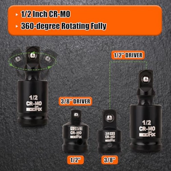 1/2 드라이브 딥 임팩트 소켓 세트, 10피스 스핀들 액슬 너트 소켓 세트 CR-MO 6포인트 30,31,32,33,34,35,36mm 미터법 소켓, 3/8 - 1/2 소켓 포함 어댑터 세트 유니버설 조인트 소