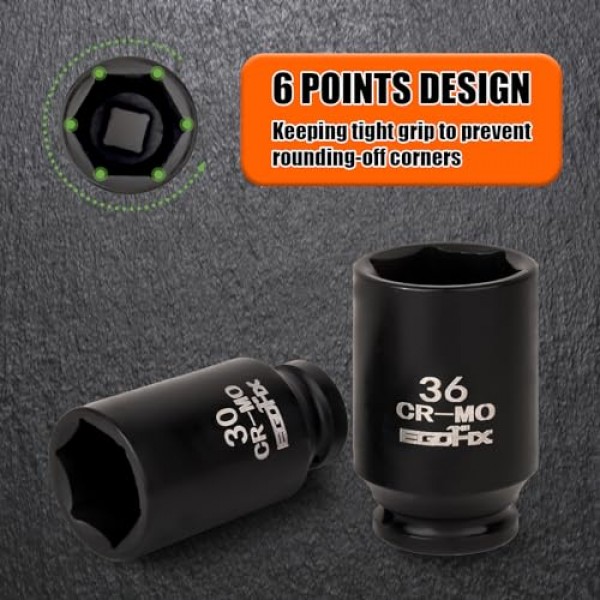 1/2 드라이브 딥 임팩트 소켓 세트, 10피스 스핀들 액슬 너트 소켓 세트 CR-MO 6포인트 30,31,32,33,34,35,36mm 미터법 소켓, 3/8 - 1/2 소켓 포함 어댑터 세트 유니버설 조인트 소