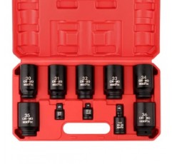 1/2 드라이브 딥 임팩트 소켓 세트, 10피스 스핀들 액슬 너트 소켓 세트 CR-MO 6포인트 30,31,32,33,34,35,36mm 미터법 소켓, 3/8 - 1/2 소켓 포함 어댑터 세트 유니버설 조인트 소
