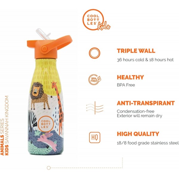 Cool Bottles - 스테인리스 스틸로 만든 음료수 병 - 260ml - Savannah Kingdom - 23.5 x 7cm - 어린이용 음료수 병 - 차가운 음료 24시간 및 뜨거운 음료 12시간 - BPA 프리 병 - 이중벽