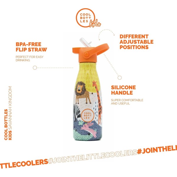 Cool Bottles - 스테인리스 스틸로 만든 음료수 병 - 260ml - Savannah Kingdom - 23.5 x 7cm - 어린이용 음료수 병 - 차가운 음료 24시간 및 뜨거운 음료 12시간 - BPA 프리 병 - 이중벽