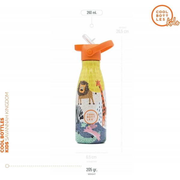 Cool Bottles - 스테인리스 스틸로 만든 음료수 병 - 260ml - Savannah Kingdom - 23.5 x 7cm - 어린이용 음료수 병 - 차가운 음료 24시간 및 뜨거운 음료 12시간 - BPA 프리 병 - 이중벽