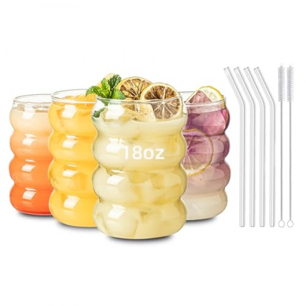 KEMORELA 18oz 웨이브 모양 음료 안경, 빈티지 유리 컵 와인 머그 4개 세트, 리플 마시는 안경, 주스용 맥주 와인 샴페인 칵테일 홈 주방 바 혼합 음료(4PCS-Clear)