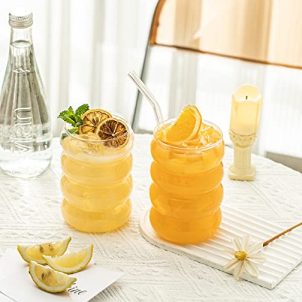 KEMORELA 18oz 웨이브 모양 음료 안경, 빈티지 유리 컵 와인 머그 4개 세트, 리플 마시는 안경, 주스용 맥주 와인 샴페인 칵테일 홈 주방 바 혼합 음료(4PCS-Clear)