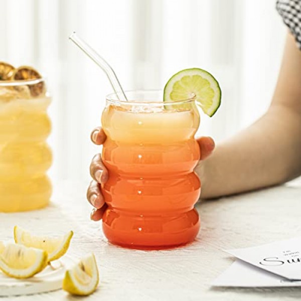 KEMORELA 18oz 웨이브 모양 음료 안경, 빈티지 유리 컵 와인 머그 4개 세트, 리플 마시는 안경, 주스용 맥주 와인 샴페인 칵테일 홈 주방 바 혼합 음료(4PCS-Clear)
