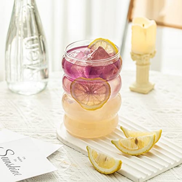 KEMORELA 18oz 웨이브 모양 음료 안경, 빈티지 유리 컵 와인 머그 4개 세트, 리플 마시는 안경, 주스용 맥주 와인 샴페인 칵테일 홈 주방 바 혼합 음료(4PCS-Clear)