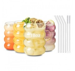 KEMORELA 18oz 웨이브 모양 음료 안경, 빈티지 유리 컵 와인 머그 4개 세트, 리플 마시는 안경, 주스용 맥주 와인 샴페인 칵테일 홈 주방 바 혼합 음료(4PCS-Clear)