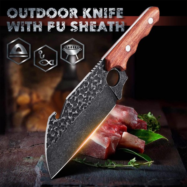 JASON 식칼 손으로 단조 셰프 나이프와 미늘 디자인 날카로운 고기 칼 그릴 칼 바이킹 칼 야외 칼 부엌 캠핑 바베큐 파티 등