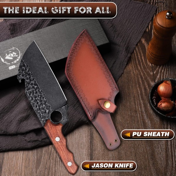 JASON 식칼 손으로 단조 셰프 나이프와 미늘 디자인 날카로운 고기 칼 그릴 칼 바이킹 칼 야외 칼 부엌 캠핑 바베큐 파티 등