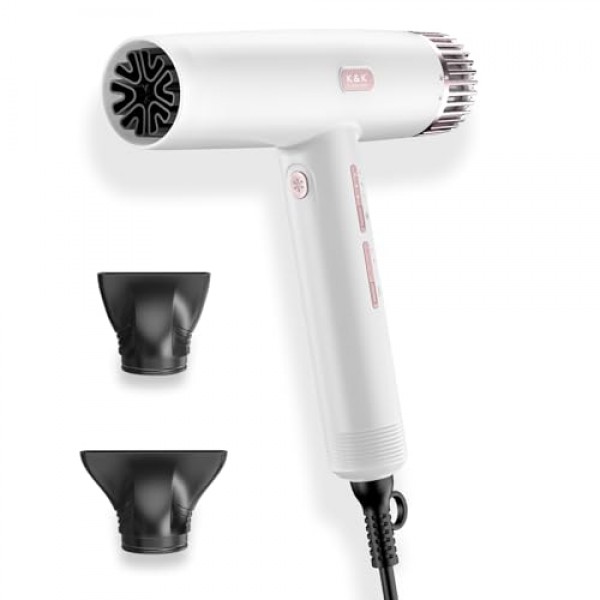 K&K 헤어 드라이어, 빠른 건조를 위한 110,000RPM 브러시리스 모터가 장착된 음이온 블로우 드라이어, 노즐이 있는 고속 저소음 열 제어 헤어드라이어, 가정용, 여행용(흰