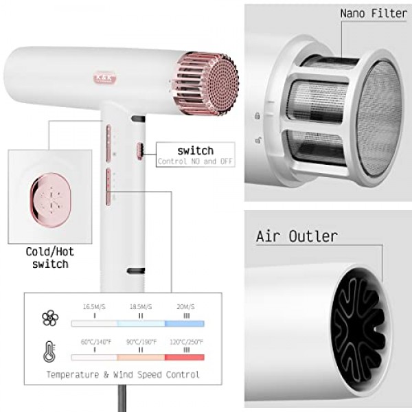 K&K 헤어 드라이어, 빠른 건조를 위한 110,000RPM 브러시리스 모터가 장착된 음이온 블로우 드라이어, 노즐이 있는 고속 저소음 열 제어 헤어드라이어, 가정용, 여행용(흰