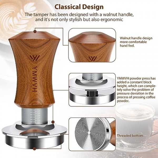 V5 에스프레소 탬퍼, 53MM 프리미엄 스테인리스 스틸이 포함된 2개의 스프링 장착 보정 탬퍼, Breville 54mm 포터필터와 호환되는 호두 나무 손잡이 탬퍼