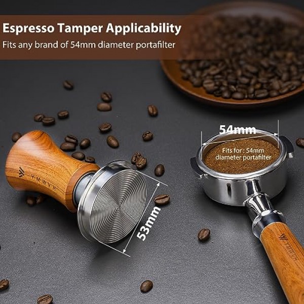 V5 에스프레소 탬퍼, 53MM 프리미엄 스테인리스 스틸이 포함된 2개의 스프링 장착 보정 탬퍼, Breville 54mm 포터필터와 호환되는 호두 나무 손잡이 탬퍼