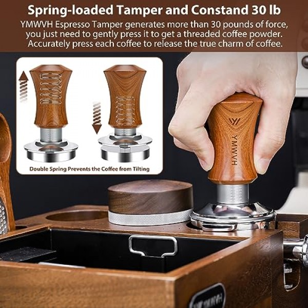 V5 에스프레소 탬퍼, 53MM 프리미엄 스테인리스 스틸이 포함된 2개의 스프링 장착 보정 탬퍼, Breville 54mm 포터필터와 호환되는 호두 나무 손잡이 탬퍼