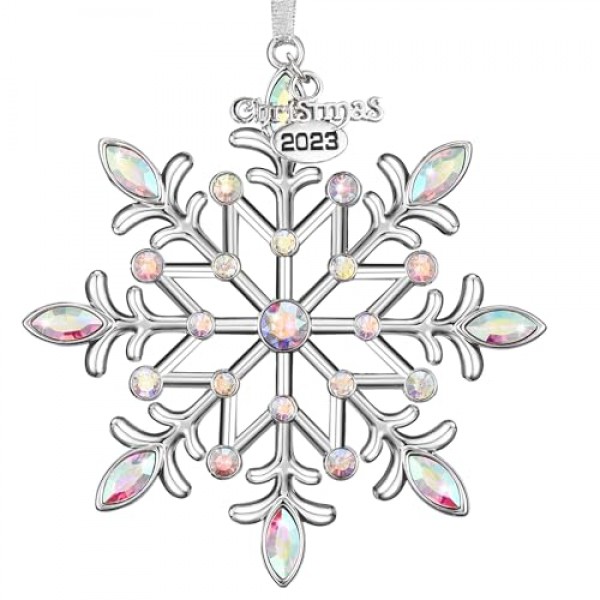 크리스마스 눈송이 장식품 2023 크리스마스 트리 장식 금속 매달려 라인스톤 반짝이 공예 눈 조각 장식 휴일 실내 겨울 집 창문 방 문-은색