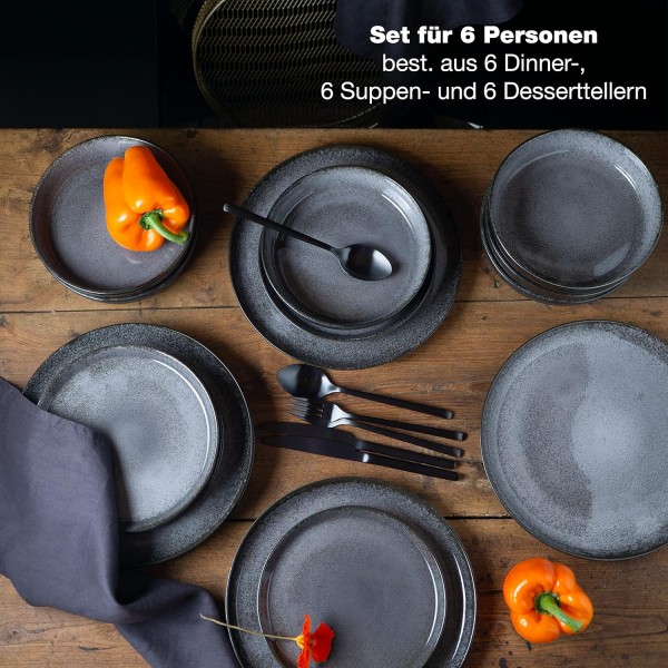 Moritz & Moritz VIDA 18개 세라믹으로 만든 6인용 그릇 세트 - 테이블 서비스 앤트러사이트 - 저녁 및 수프 접시 6개, 아침 식사 접시 6개 18피스 그릇 세트